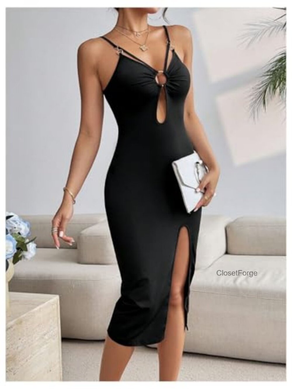 SHENHE Spaghetti Strap Bodycon Midi Dress O-Ring Cutout Slit - Picture 3 of 4